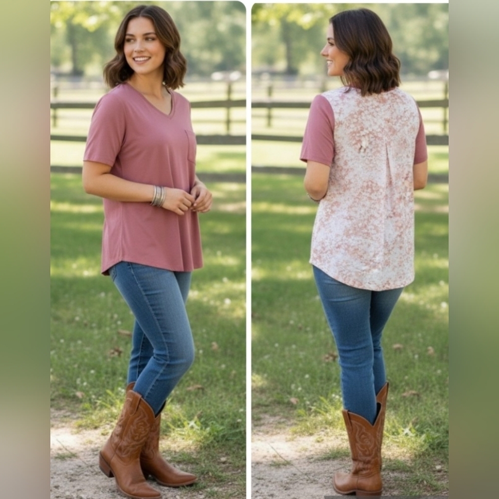 Cupio Mauve Pink Shirt Silky Back Floral Detail Top Size 1X.
